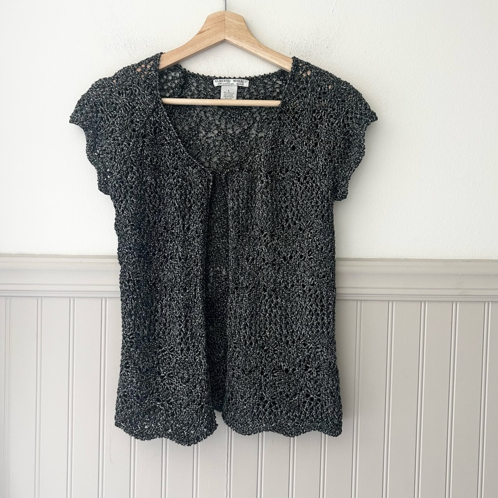 Vintage Alberto Makali Charcoal Crochet Tie Front Cardigan Size Large
